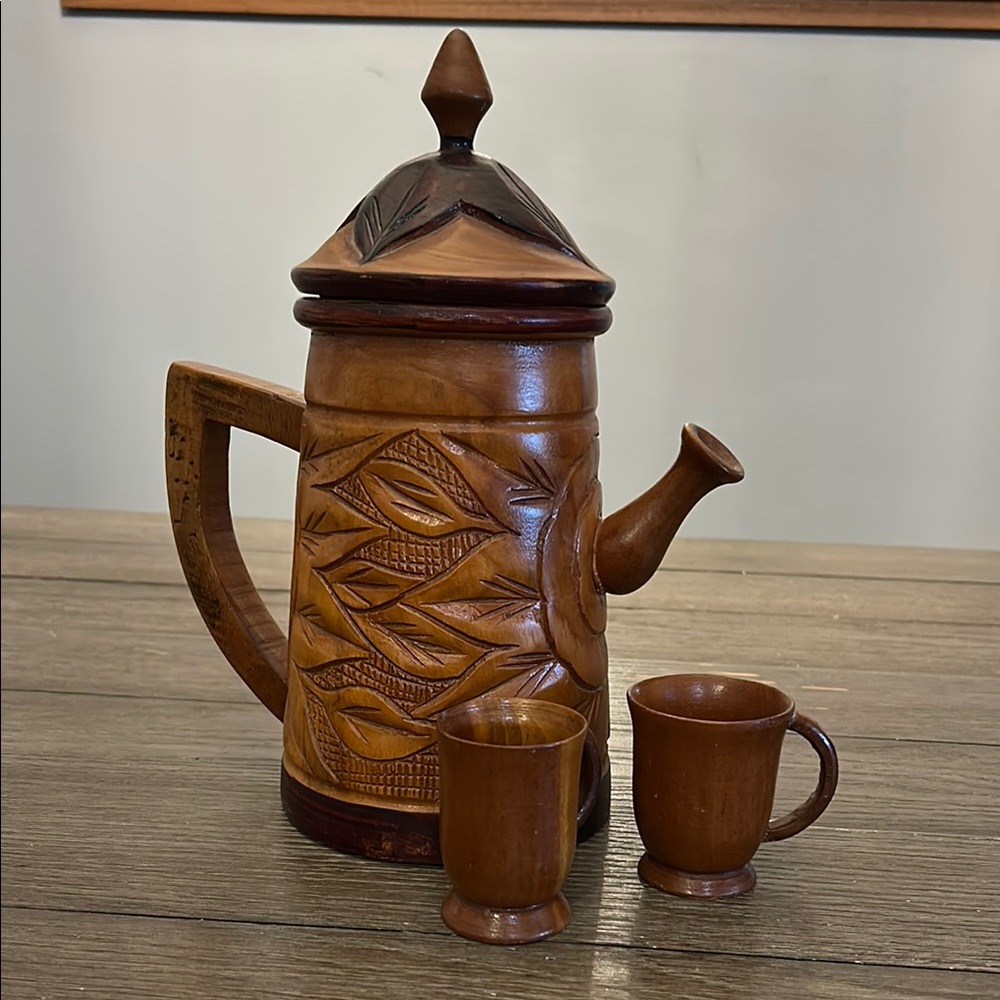 Handcrafted Wooden Tea Set decorative vintage bohemian design carved wood 2 cups